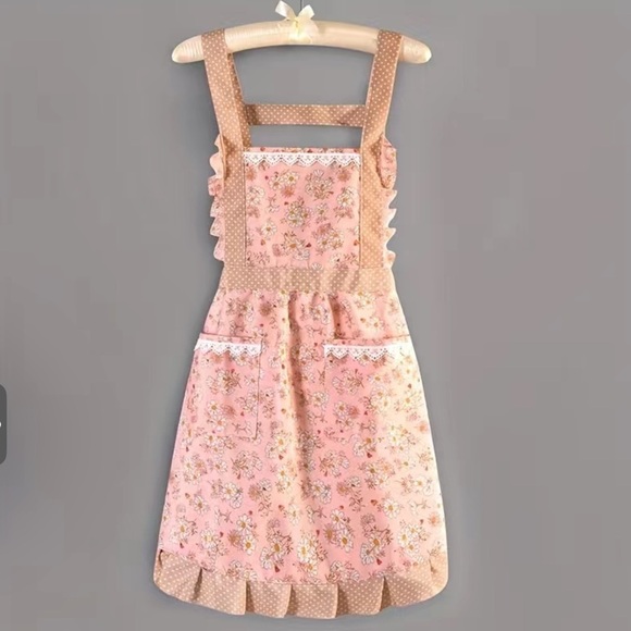Apron Retro Bib Style Adjustable Waist Tie Floral Polka Dot Womens Pink Tan OS - Picture 1 of 16